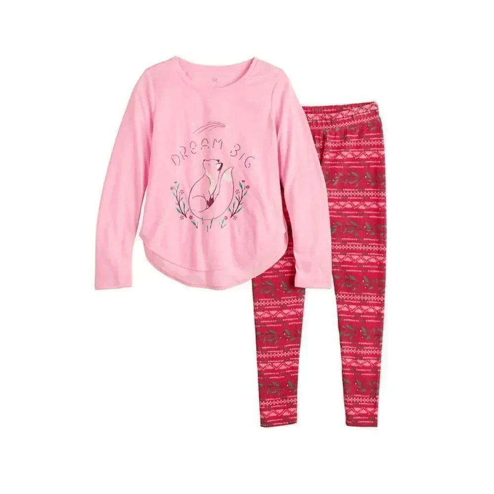 SO Girls SIZE 16 PINK FOX 3-Piece Tunic & Thermal Leggings Pajama Set with Sock
